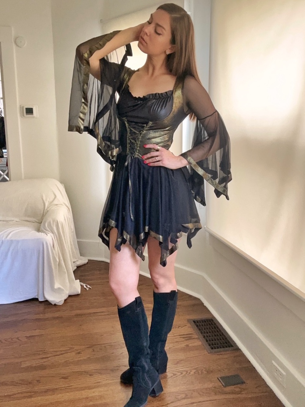 Dazzling Witch Gothic Fairy Mini Dress Medium Flutter Sleeve Black Gold